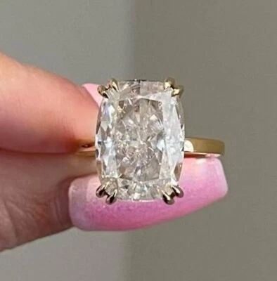 Anillo de boda halo oculto moissanita cojín alargado plat oro amarillo 14K para mujer Foto 1 de 4