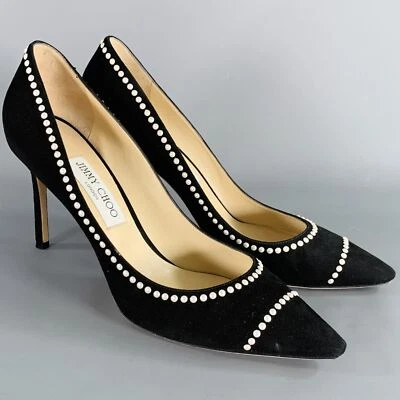 JIMMY CHOO Talla 11 Tacones De Ante Negro Y Crema Con Perlas Falsas Y Tachuelas - Imagen 1 de 4
