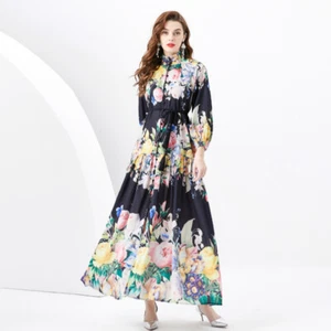 Spring Fall Floral Print Stand High Neck Loops Women Casual Party Maxi Dresses - Picture 1 of 5