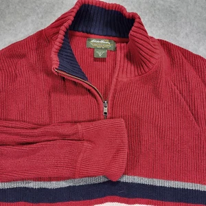 Suéter Eddie Bauer 1/4 Cremallera Rojo Tejido Para Hombre XL Azul Blanco Rayas - Imagen 1 de 7