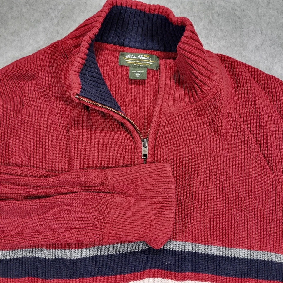 Suéter Eddie Bauer 1/4 Cremallera Rojo Tejido Para Hombre XL Azul Blanco Rayas Foto 1 de 4
