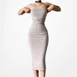 Fashion Nova Beige Nude Strapless Knit Bodycon Knee Length Dress Size S/M - Picture 1 of 8