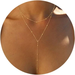 Lariat Gold Necklace for Women, Dainty Long Necklace 14K Gold Plated/Silver Y-Sh - Picture 1 of 12