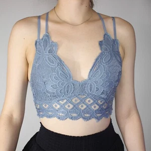 Anemone Crochet Lace Bralette Size S Padded Blue Criss Cross Crop Top Sheer Boho - Picture 1 of 10
