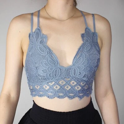 Anemone Crochet Lace Bralette Size S Padded Blue Criss Cross Crop Top Sheer Boho - Image 1 of 4