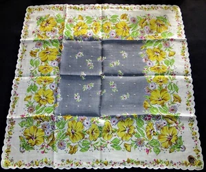 Vintage Hankie Sunny Yellow Floral Glamour Girl Foil Label Scalloped - Picture 1 of 3