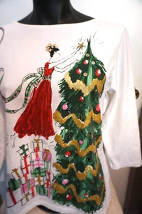 Ruby Rd. White Holiday Presents Christmas Tree Graphic 3/4 Sleeve Top M - Picture 1 of 3