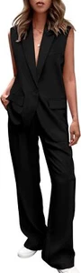PRETTYGARDEN Women's 2 Piece Outfits Sleeveless Suit Vest and Wide Leg Pants Bus - Picture 1 of 21