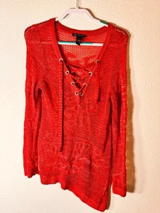 INC International Concepts Red Knit Lace-Up Sweater Women's Size M See-Through - Picture 1 of 4