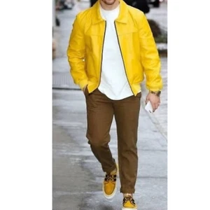 Nick Jones Yellow Bomber Leather Jacket Real Soft Leather Biker Casual Jacket - Picture 1 of 10