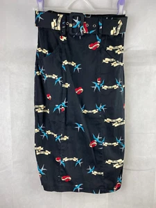 Collectif Skirt UK 10 S Pencil Skirt Black Belted Bird True Love - Picture 1 of 11