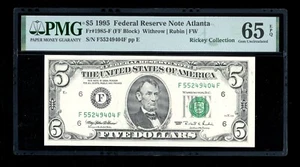 DBR 1995 $5 Atlanta Gem Fr. 1985-F PMG 65 EPQ Serial F55249404F - Picture 1 of 2
