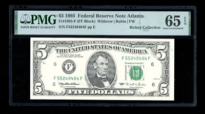 DBR 1995 $5 Atlanta Gem Fr. 1985-F PMG 65 EPQ Serial F55249404F - Image 1 of 2