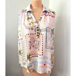 Damen Neuheit Leinenmischung Top Größe Large Knopfleiste Shirt Bluse Sommer Küste - Bild 1 von 7