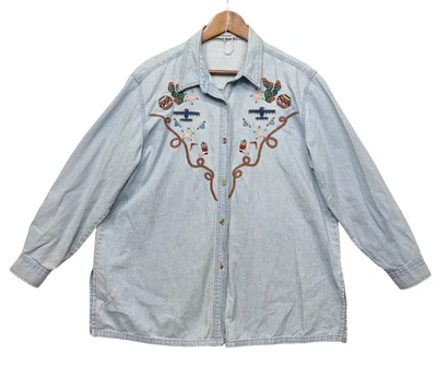 Camisa asteca Western Cactus feminina 2X azul denim bordado colarinho abotoado - Imagem 1 de 4