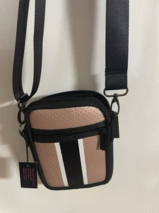 haute shore mini crossbody bag, black and pink stripe, zipper in front - Picture 1 of 9