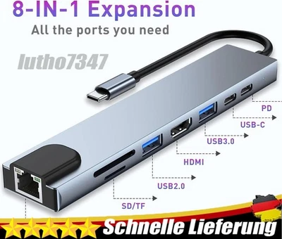 USB-C Hub 8IN1 Adapter 4K HDMI USB 3.0 LAN RJ45 Ethernet Micro SD Kartenleser DE - Bild 1 von 4