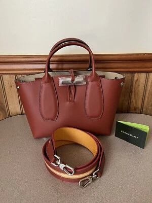 Longchamp Roseau Caja Pequeña Cuero Bolso Bandolera Caoba Bambú Motivo Foto 1 de 4