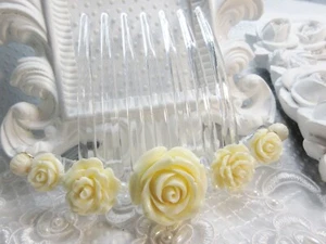Wedding THICK hair comb with Ivory Color 3D Roses Semi Precious Carved Flowers - Picture 1 of 10
