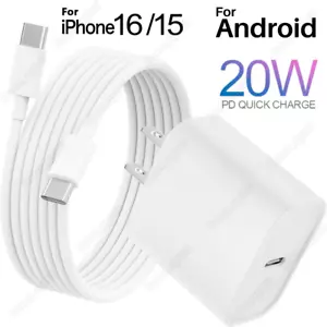 For iPhone 16 15 iPad Pro Samsung Fast Charger Type C Cable 20W PD USB C Block - Picture 1 of 14
