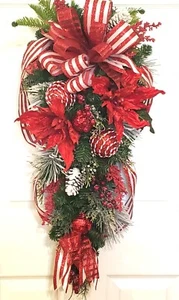 Red and white Christmas swag, front door wreath, front door decor, holiday swag - Picture 1 of 7
