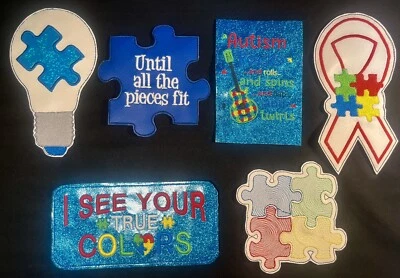 Autism Awareness Lot Of 6 Sew On Embroidered Faux Leather Patches - Image 1 of 4