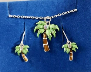 AVON Necklace Earring Gift Set Palm Tree Rhinestones Silver Chain NEW - Picture 1 of 5
