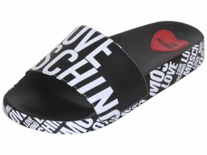 Love Moschino Women's Slides Sandals Allover Logo Print Shoes Black/White - Picture 1 of 32