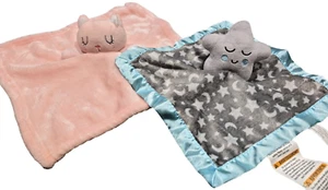2 Baby Loveys Security Blankets Plush Pink Kitty and Gray Star w/satin trim - Picture 1 of 7