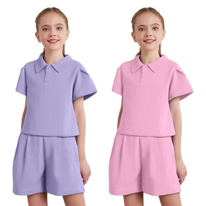 Girls Sports Set Turn-Down Collar Button Shirts with Elastic Shorts Activewear - Picture 1 of 22