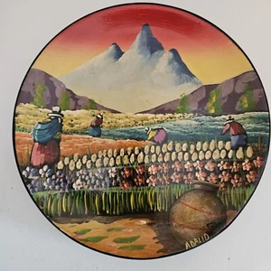 "Placa de cerámica pintada a mano de 10"" decoración de arte de pared para trabajadores de la cosecha del Valle del Perú" - Imagen 1 de 5