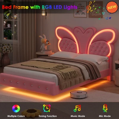 Cama plataforma quadro tamanho completo borboleta LED cabeceira ajustável para crianças rosa - Imagem 1 de 4