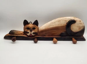 Geschnitzte Holz Katze Wandhänger Garderobe/Handtuchhalter mit 4 Heringen 17,5" lang - Bild 1 von 9