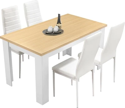 Modern Dining Table Set 4 White PU Leather Chairs 120x80x75cm Kitchen - Image 1 of 4