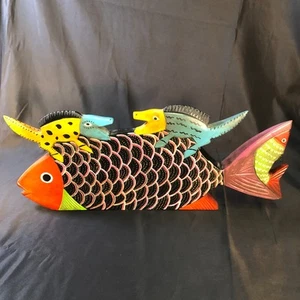 Authentische Vintage mexikanische Volkskunst Fisch mit Krokodilen Holz handbemalt GUT - Bild 1 von 18