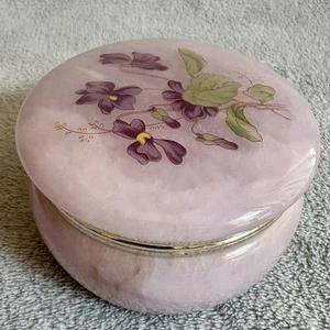 Scatola portagioie originale in alabastro intagliato a mano coperchio incernierato viola vintage 3" - Foto 1 di 9