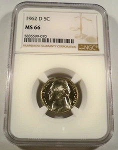 1962-D NGC MS66 JEFFERSON NICKEL 5c MS 66 - Picture 1 of 4