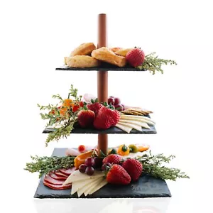 Wood Serving Tray Tiered Stand Space-saving Modern And Rustic 3 W/slate Acacia - Picture 1 of 8