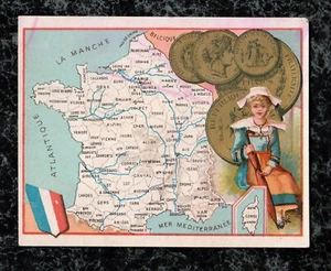 Victorian Stock Trade Card France Map French Coins Girl with Umbrella 4.5x3.5 - Bild 1 von 2