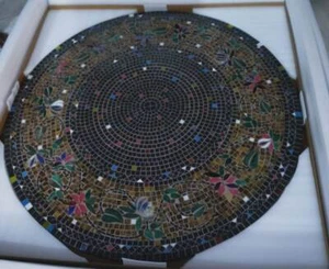 24" antique Mosaic Black Marble Coffee Center Inlay Table Top Round Decor dura - Picture 1 of 4