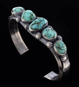 Natural Lone Mountain Turquoise Row Bracelet By Navajo Artist Henry Morgan - Picture 1 of 5