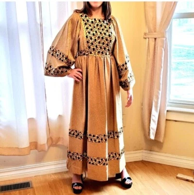 Maxi Vestido Estampado Boho Hippie Vintage Mangas Campana Años 70 Mumu Kaftan Talla 6/8 Foto 1 de 4