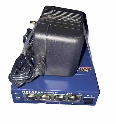 Netgear EN104TP Blue 4-Port 10 Mbps RJ-45 Ethernet Hub with AC Power Adapter - Image 1 of 4