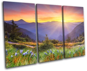 Sunset Mountains Landscapes TREBLE CANVAS WALL ART Picture Print - Picture 1 of 1
