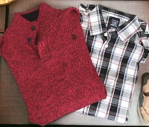 New IZOD Boys L 14/16 Plaid Shirt & Red & Black Sweater Kids 2 Piece Set - Picture 1 of 2