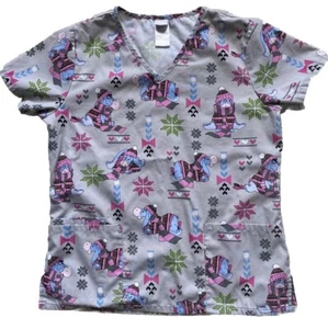 Disney Eeyore Scrub Top V-Neck Winter Scene Shirt Uniform Gray Women's Small - Picture 1 of 6