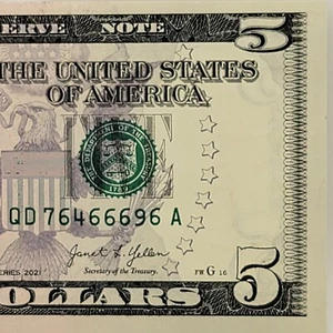 Five of a Kind 6s Fancy Serial Number Five Dollar Bill QD76466696A FW 2021 UNC - Picture 1 of 8
