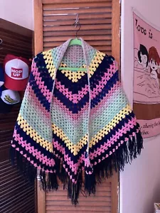 Vintage 1970s Crochet Shawl Poncho Cape Multi Coloured 12-16 - Picture 1 of 2