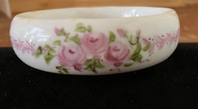 Vintage Signed Hand Painted Pink Roses Porcelain Bangle Bracelet - Image 1 of 3