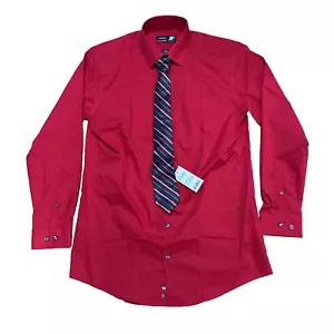 NWT J Ferrar Slim Fit Men's Medium Red Button Up Long Sleeve Dress Shirt & Tie - Picture 1 of 12